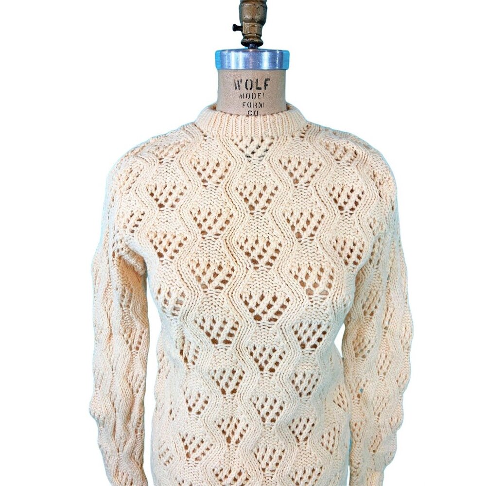 Vintage 80s Knit Sweater Womens Small Cream Chunky Pointelle Mockneck Pullover